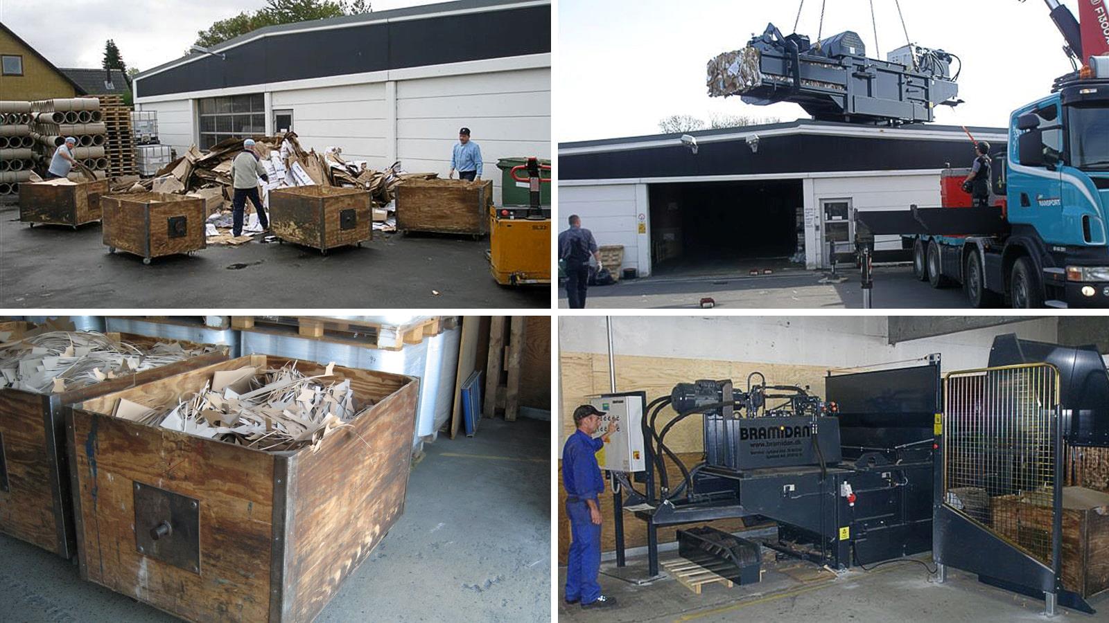 Collage of horizontal baler and cut cardboard waste in wooden boxes